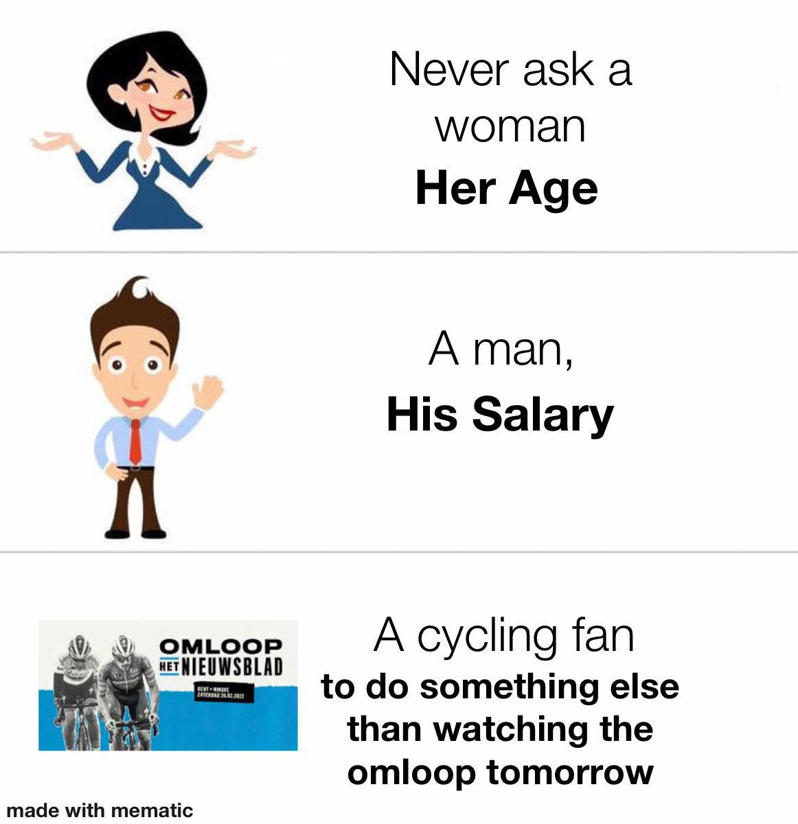Cycling_Memes1's tweet photo. Friendly reminder to leave cycling fans alone tomorrow and to let them enjoy the omloop! https://t.co/0rKt6zWdBW