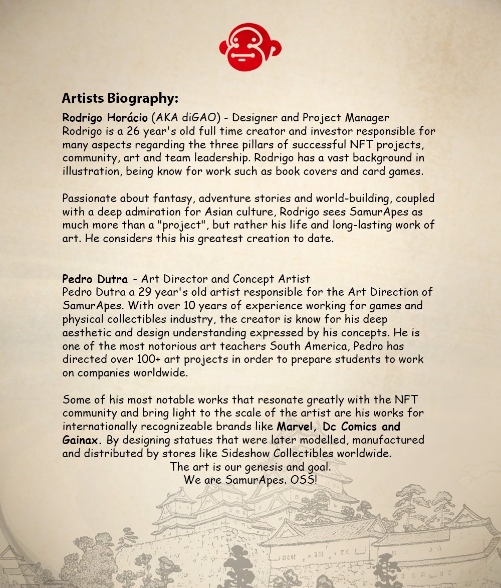 SarugamiNFT's tweet photo. Hey fam! 👹
It's about time we got to know each other better, isn't it?
Here is a short biography of our artists and directors!
OSS!🔥👺 https://t.co/fjYltCz2iv