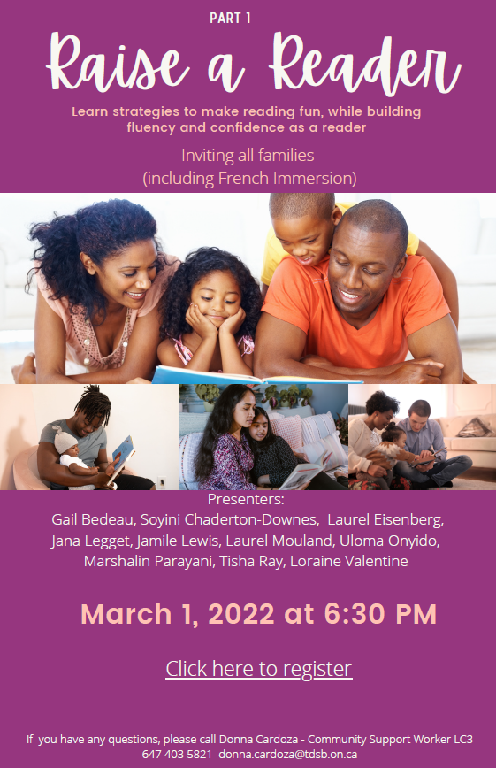 TDSB_MHWB's tweet photo. 📚Reading Workshop for Parents &amp; Caregivers on March 1 at 6:30 pm: Learn strategies to make reading fun, while building your child's fluency &amp; competence as a reader. 
 📌Register here: https://t.co/u5VvqVJ9Ih https://t.co/7jMrROt9Vs