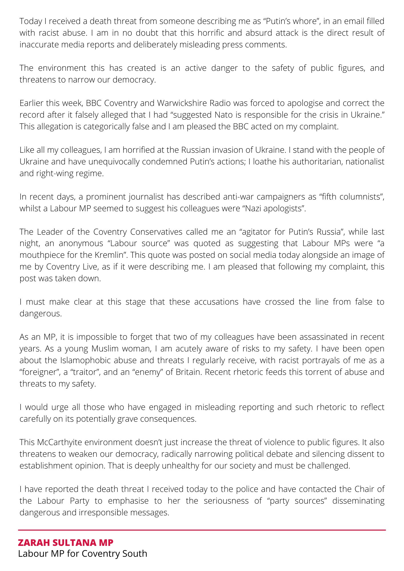 Zarah Sultana MP On X: "Today I Received A Death Threat From.