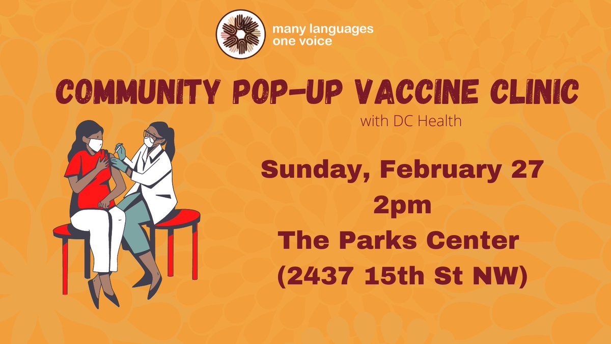 Many Languages One Voice (@mlovdc) on Twitter photo Ready for your #Covid19 #booster? Join #MLOV for a pop-up community vaccine clinic with #DCHealth:
Sunday, February 27
2pm
@ the Josephine Butler Parks Center
(2437 15th St NW)
<a href="/MOAA_DC/">Mayor's Office on African Affairs</a> <a href="/_DCHealth/">DC Health</a> <a href="/WashingtonParks/">Washington Parks & People</a> #TaketheShotDC Ready for your #Covid19 #booster? Join #MLOV for a pop-up community vaccine clinic with #DCHealth:
Sunday, February 27
2pm
@ the Josephine Butler Parks Center
(2437 15th St NW)
<a href="/MOAA_DC/">Mayor's Office on African Affairs</a> <a href="/_DCHealth/">DC Health</a> <a href="/WashingtonParks/">Washington Parks & People</a> #TaketheShotDC