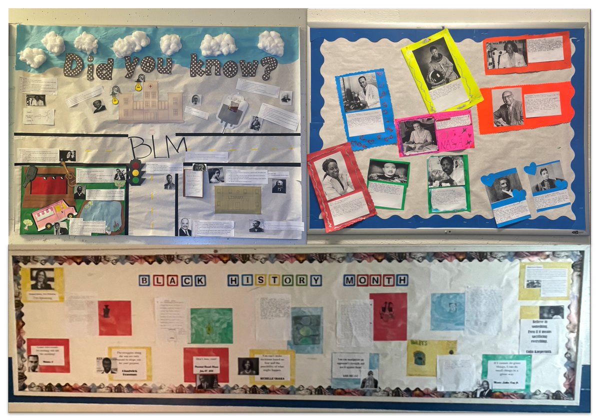 HawksWashington's tweet photo. Our Bulletin Boards for the Month of February!! "Black History Month"! Students did an excellent job displaying  the boards with the theme! Our class winner celebrating with a pizza party. Keep up the good work everyone! @HawksWashington https://t.co/S5RhQHydOV