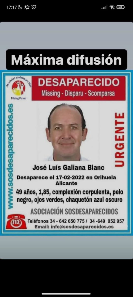 Jose Luís Galiana Blanc está desaparecido desde el pasado 17 de febrero en Orihuela
Rt🙏🏽
<a href="/sosdesaparecido/">ALERTA DESAPARECIDOS</a>