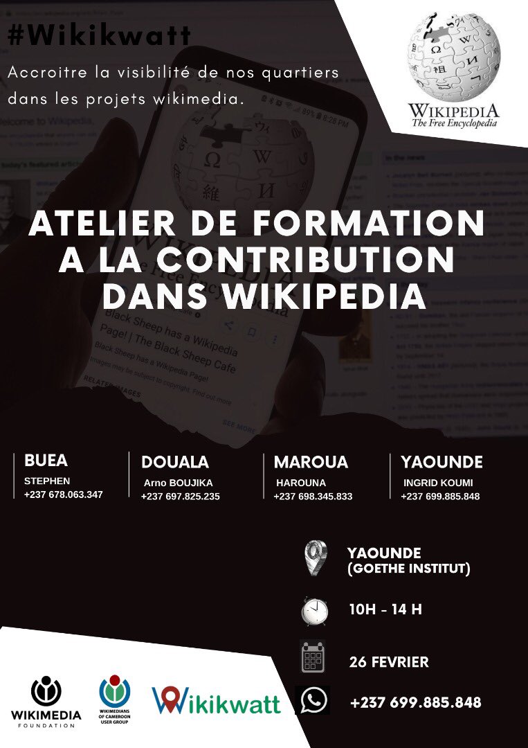 ingrid_twins's tweet photo. N’oublions pas notre rendez-vous demain dès 10h à @GoetheKamerun 
Pour notre rencontre de contributeurs #Wikipedia sur le projet #Wikikwatt

😉👩🏾‍💻Rejoins nous @WikimediaCM https://t.co/Onvg2aYTDa