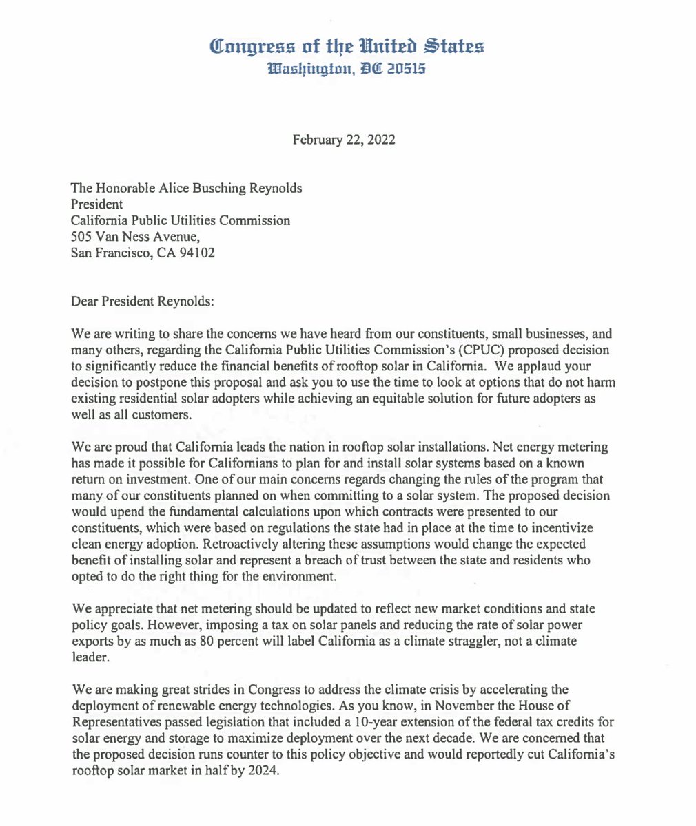 JakeKarter1's tweet photo. Thank you to the 26 Members of Congress who signed on to this letter to @AReynoldsCPUC related to supporting rooftop solar. CA leads the nation in rooftop solar installations &amp; the current PD would seriously damage the progress CA has made so far. #SaveSolar ☀️
Letter below👇 https://t.co/K5e6zmxVRo