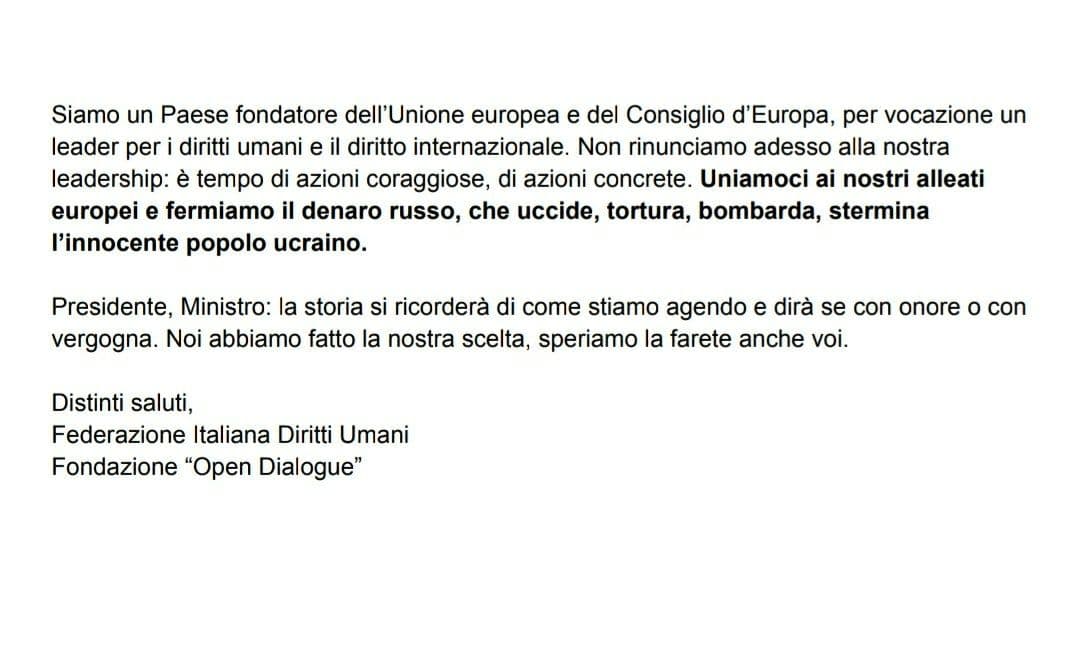 ODFoundation's tweet photo. Insieme a @FedDirittiUmani abbiamo lanciato un appello al Presidente Mario Draghi e al Ministro Luigi di Maio chiedendo che l'Italia sostenga sanzioni esemplari contro la #Russia per la sua inumana, illegale invasione dell'#Ucraina 1/2 https://t.co/H33CbbEnZI