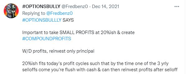 Fredbenz0's tweet image. 20% #COMPOUNDPROFITS RULE:

BULLY&apos;S &quot;TAKE PROFIT AT 20% RULE&quot; IS FOR OPTIONS ONLY

I ONLY TRADE OPTIONS BUT IN 2021 WAS STUPID &amp;amp; BOT SOME STOCK+SOLD CALLS AGAINST IT

OPTIONS MORE EFFICIENT USE OF CAPITAL

STOCKS=STUPID

THOSE TRADING STOCKS? 

7%to15%+ GAIN=20%+ GAIN IN OPTIONS