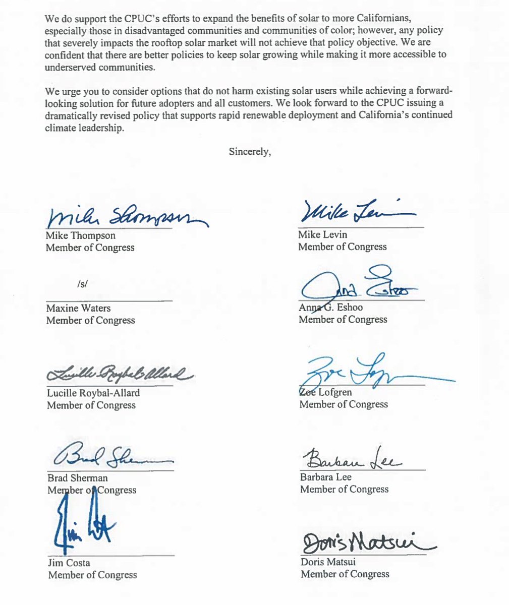 JakeKarter1's tweet photo. Thank you to the 26 Members of Congress who signed on to this letter to @AReynoldsCPUC related to supporting rooftop solar. CA leads the nation in rooftop solar installations &amp; the current PD would seriously damage the progress CA has made so far. #SaveSolar ☀️
Letter below👇 https://t.co/K5e6zmxVRo