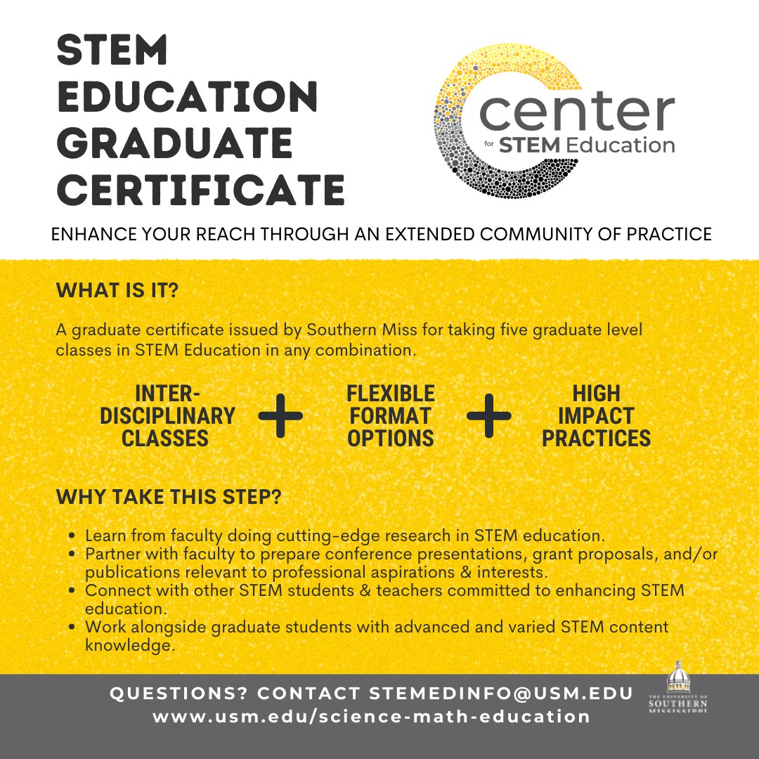 We are pleased to announce our new STEM Education Graduate Certificate, suitable for anyone involved in education at the K12, college, or informal/outreach level who wants to join our community of practice to enhance their reach and effectiveness. <a href="/USMArtsSciences/">USM Arts & Sciences</a>  #SMTTT #STEMed