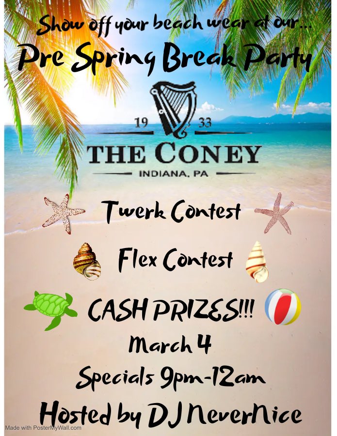 The Coney (@theconey1) on Twitter photo 1 week from today, join us at our Pre Spring Break Beach Party!! ๐
We will be having a twerk contest but this time we are having a flex off for the fellas (PRIZES FOR BOTH)! ๐ช Half off drinks 9pm-12am, & <a href="/DjNeverNice23/">Dj Never Nice</a> in the Dubliner! ๐ง๐ค @IUPBarstool <a href="/iupchicks/">IUP Chicks</a> @157Guide 1 week from today, join us at our Pre Spring Break Beach Party!! ๐
We will be having a twerk contest but this time we are having a flex off for the fellas (PRIZES FOR BOTH)! ๐ช Half off drinks 9pm-12am, & <a href="/DjNeverNice23/">Dj Never Nice</a> in the Dubliner! ๐ง๐ค @IUPBarstool <a href="/iupchicks/">IUP Chicks</a> @157Guide