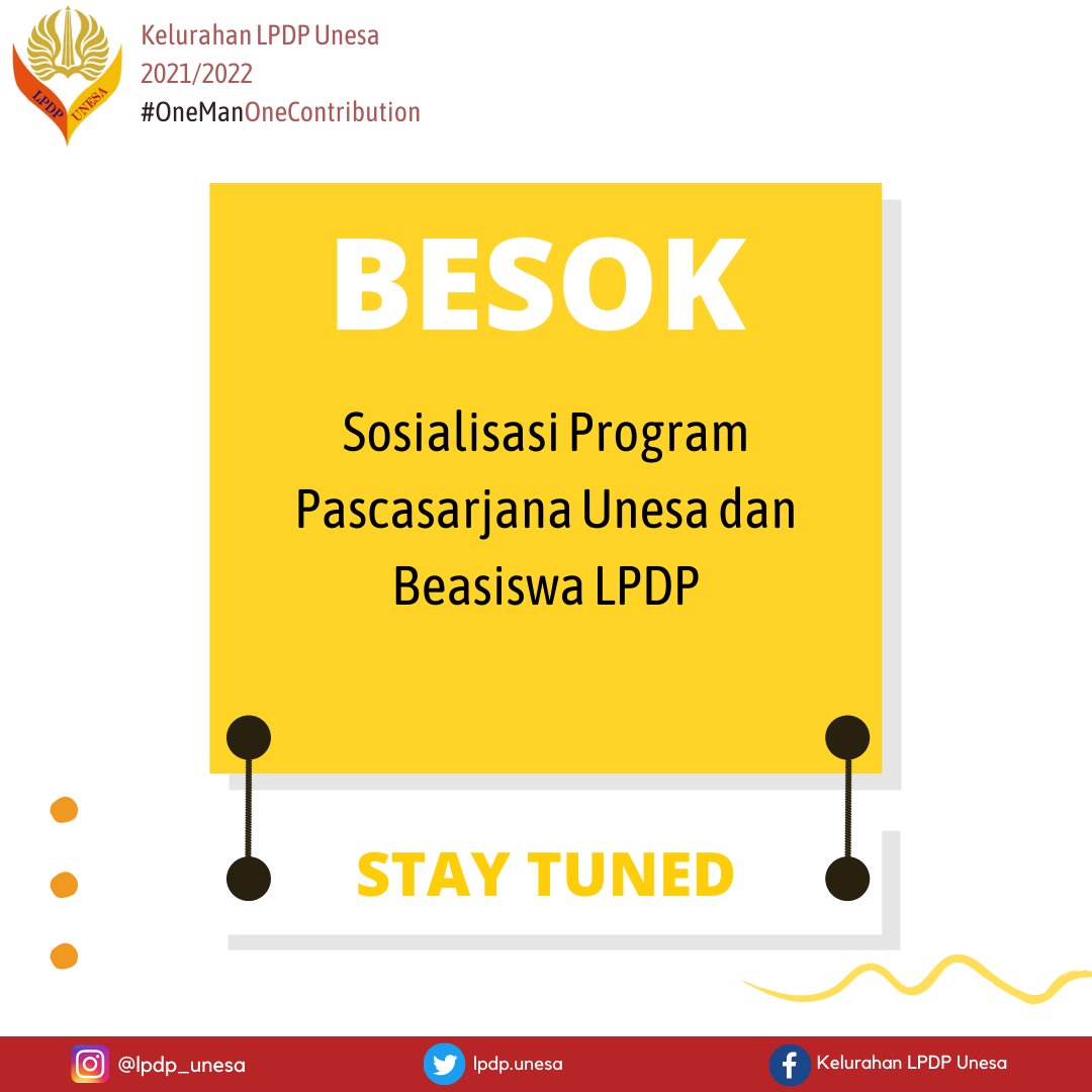 lpdp_unesa's tweet photo. BESOK.
Sosialisasi Program Pascasarjana Unesa dan Beasiswa LPDP.
Stay tuned ya rekan-rekan

#DiriuntukNegeri 
#LPDPUnesa 
#OneManOneContribution https://t.co/a4MxvykK90