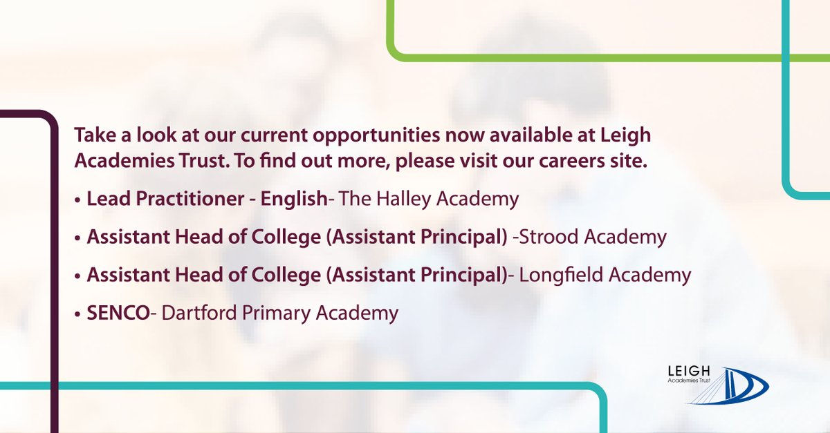 lat_careers's tweet photo. Take a look at our current opportunities with Leigh Academies Trust. Click here for more information : https://t.co/wnESjVOI0x
#LeadPractitoner #AssistantPrincipal #SENCO #LATlife #LATCareers https://t.co/6utRymqu5R