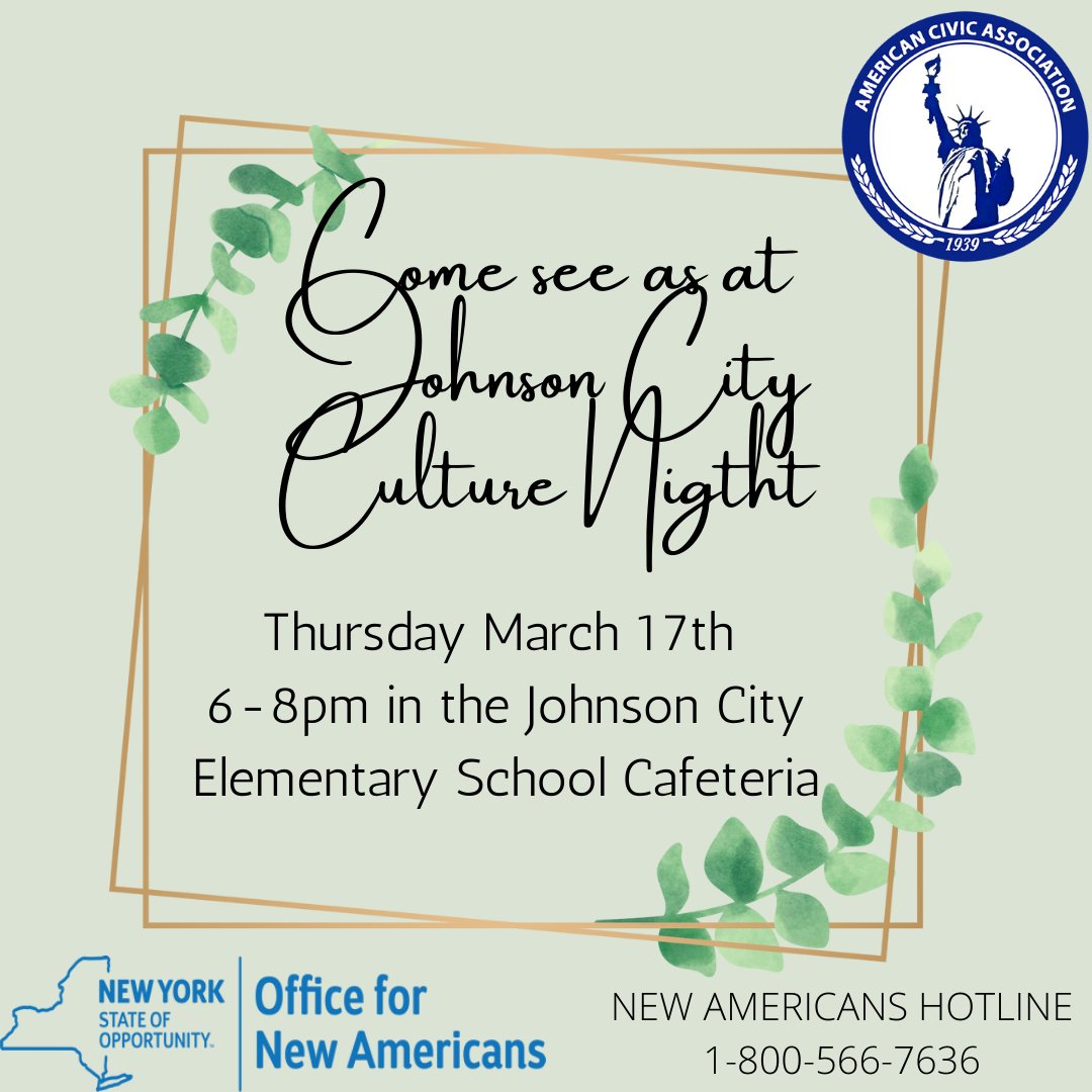 Come see us at this year's Johnson City Culture Night! Mark your calendars for Thursday March 17th at 6pm in the JC Elementary School Cafeteria!