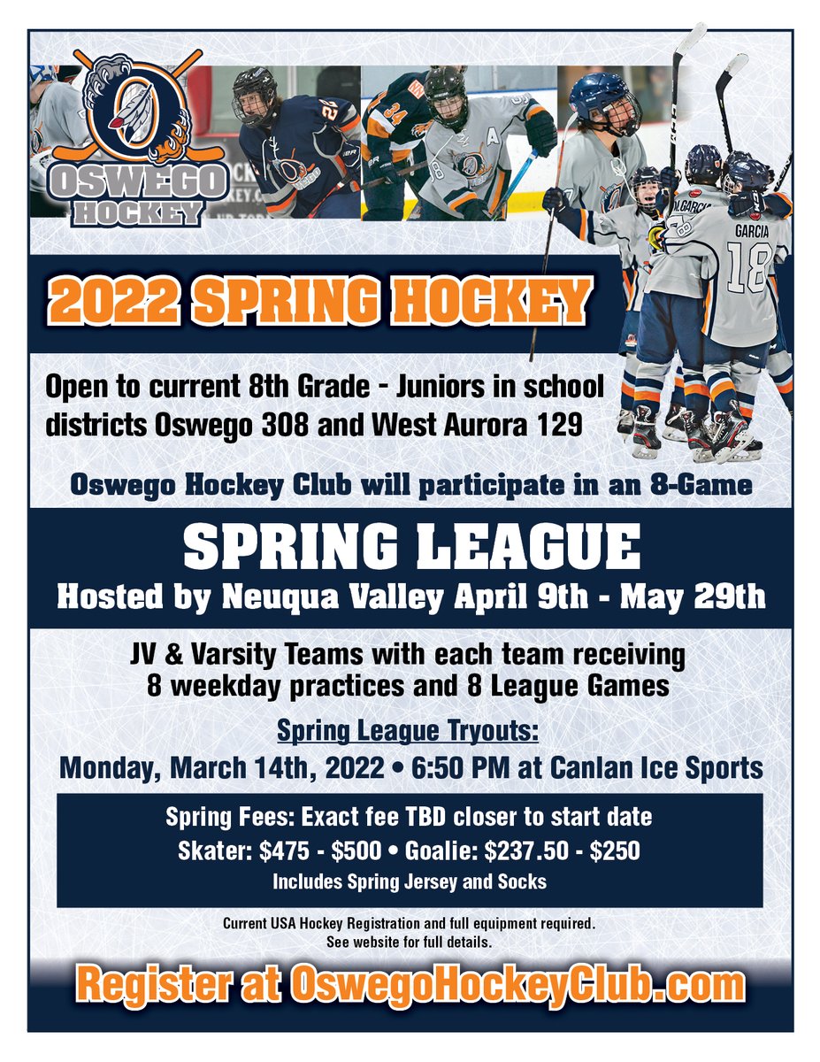 Oswego Hockey Club Spring REGISTRATION IS LIVE. All students currently 8th grade - Junior in Oswego D308 or West Aurora D129 are eligible to skate for OHC this Spring. Sign up here: hometeamsonline.com/teams/default.…