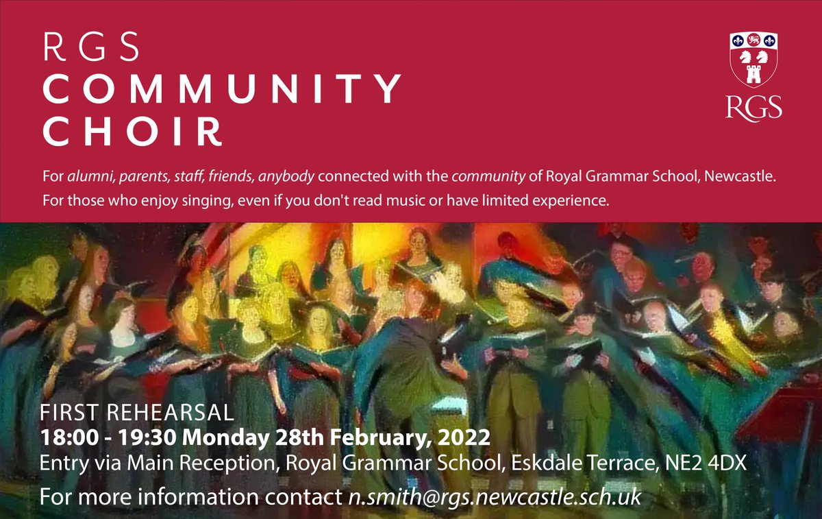 RGS Newcastle Music Department (@rgsnclmusic) on Twitter photo Just 3 more days till our Community Choir relaunches on Monday 28th February. Open to all, even if you have limited experience singing with a choir or reading notation. For me information, please contact N.smith@rgs.newcastle.sch.uk. #singing #choir #communitychoir Just 3 more days till our Community Choir relaunches on Monday 28th February. Open to all, even if you have limited experience singing with a choir or reading notation. For me information, please contact N.smith@rgs.newcastle.sch.uk. #singing #choir #communitychoir
