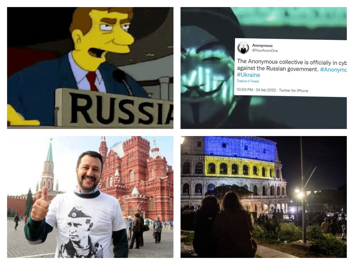 vivated's tweet photo. Ogni momento storico conflittuale presenta queste costanti sui social:
- i Simpson l'avevano previsto
- Anonymous hackera i malvagi
- la vecchia foto di Salvini con il cattivo di turno
- videomapping sul Colosseo fatto con due spicci. #Ukraina #Putin #UkraineRussia https://t.co/0SOr7ZdxLK