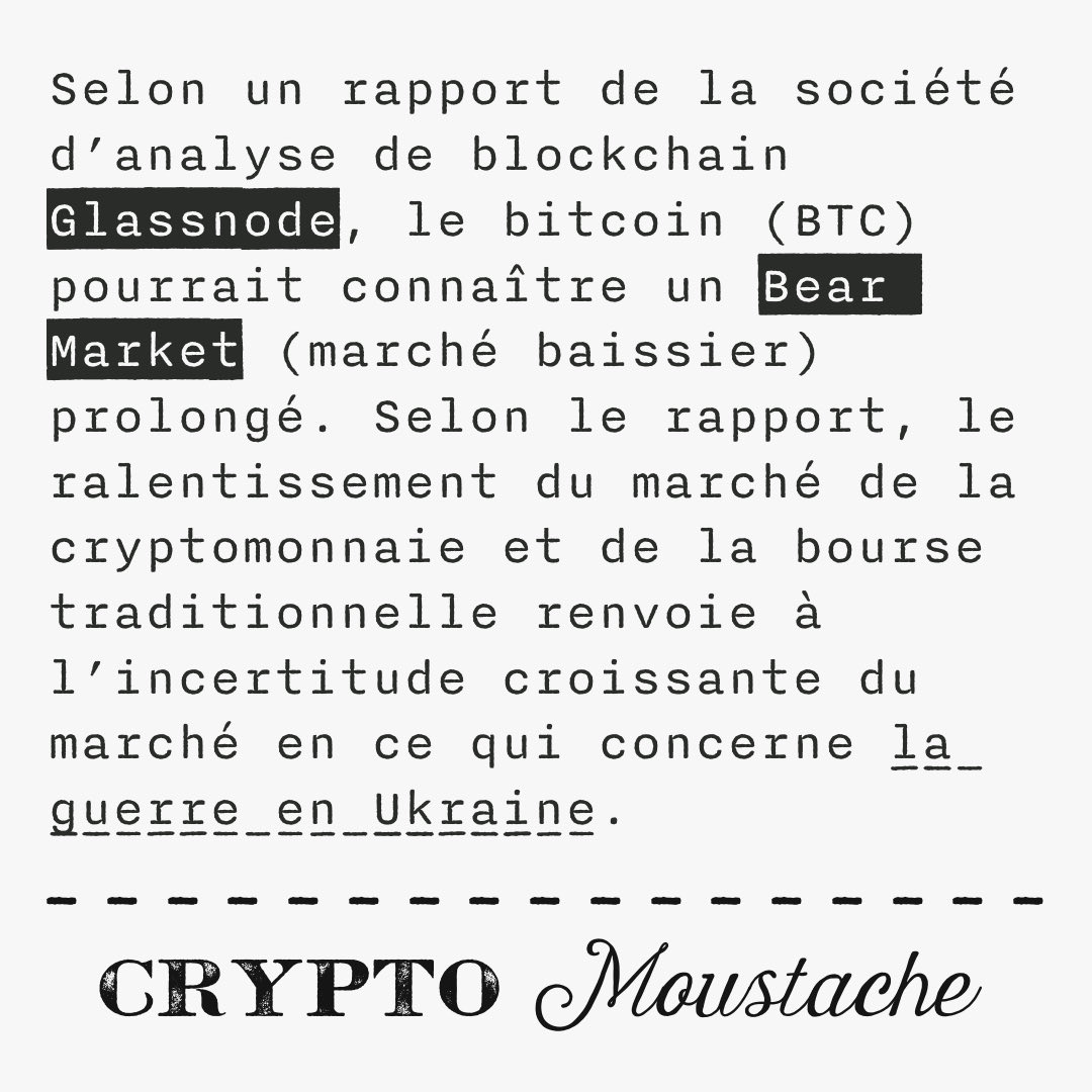 Lisez notre article sur cryptomoustache.fr !

#cryptomonnaie #cryptomonnaies #cryptomonnaiefrance #cryptomoustache #crypto #actualités #actualité
#magazine #blog #webzine #blockchain #bitcoin #glassnode #Bearmarket #chute #marché #bourse #société #ukraine