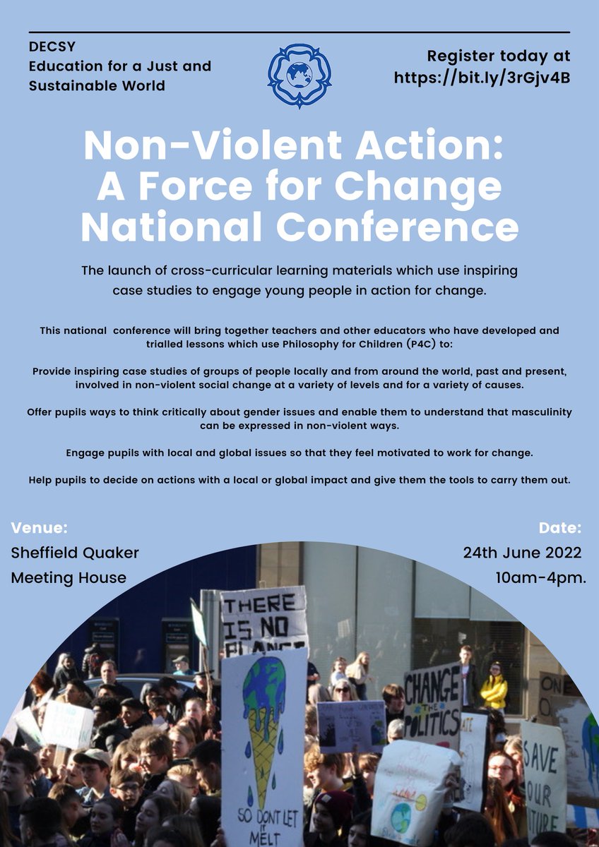 DEC_SY's tweet photo. Date for your Diary - Non-Violent Action: A Force For Change Free National Conference June 24th in Sheffield. Bookings from 1st March @SheffieldThink @OxfamEducation @Consortium_DECs @learnsheffield @SAPERE_P4C 
#GlobalLearning #Nonviolence #Philosophy #p4c #peacefulProtest https://t.co/jfdBOEpkpw