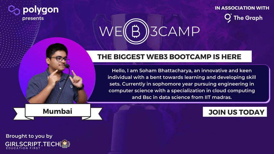 SpeakingWarlock's tweet photo. Excited to be the city organizer of Mumbai for @0xPolygon presents The Biggest Web3 Bootcamp in association with @graphprotocol brought to you by @Girlscript1 sponsored by @NervosNetwork @epnsproject @SinoGlobalCap @stickermule

#web3 #blockchain #tech #web3camp #crypto #Bootcamp https://t.co/9fzTs0no5n