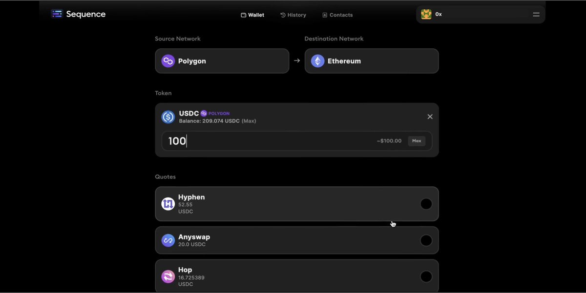 0xsequence's tweet photo. 👀 Sneak peek into the upcoming built-in Bridge feature 

We’re making it easy for you to bring your crypto over to different networks. https://t.co/oUDWTIoSHY