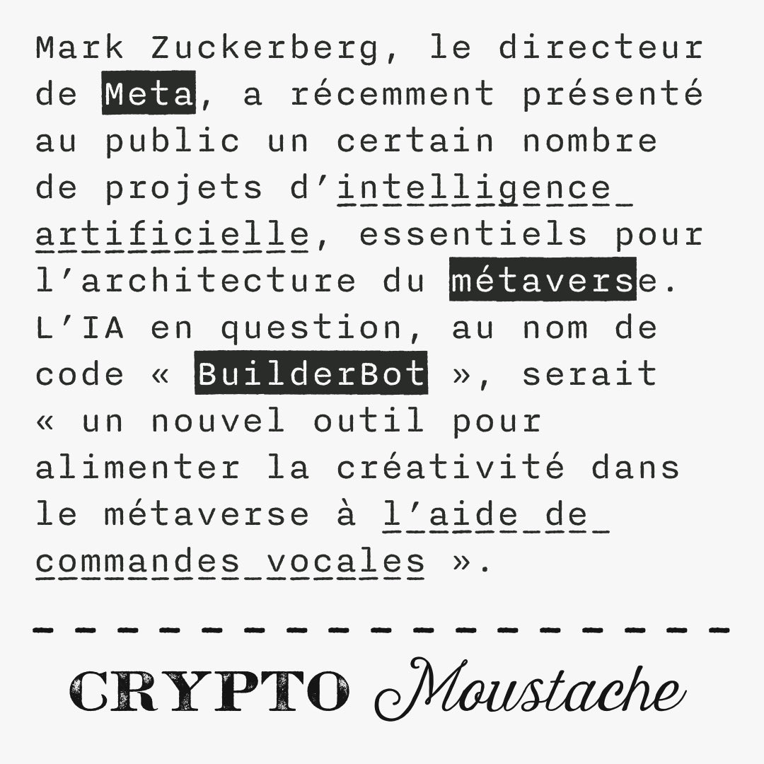 Lisez notre article sur cryptomoustache.fr !

#cryptomonnaie #cryptomonnaies #cryptomonnaiefrance #cryptomoustache #crypto #actualités #actualité
#magazine #blog #webzine #blockchain #bitcoin #meta #métavers #métaverse #metaverse #Facebook #ia #IntelligenceArtificielle