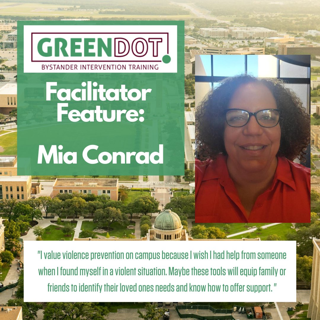 TAMUGreenDot's tweet photo. February #FacilitatorFeature is the incredible Mia Conrad! She has been with Green Dot since 2018 and we have adored every minute of it. https://t.co/4dvXzoTYzA
