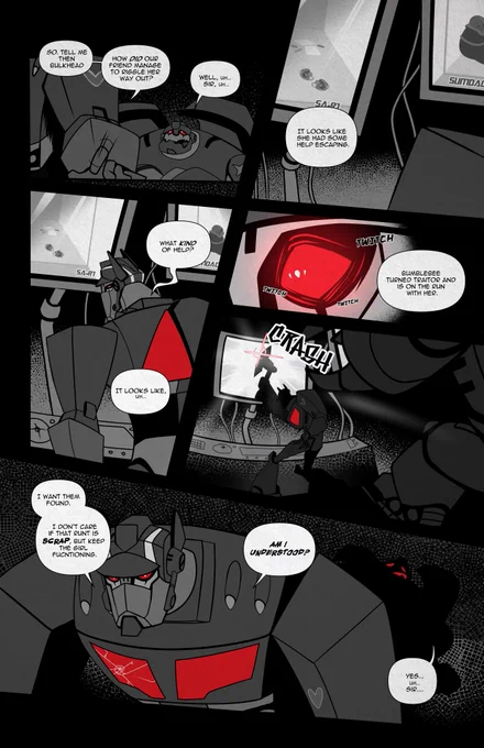 "Runaway Autobots Part 1″
Prime has taken control over Sumdac Tower. Sari and Bumblebee escape to fend for themselves. But it doesn't last long.

Written by @Sn0wCrack 

1/2
#TransformersAnimated 