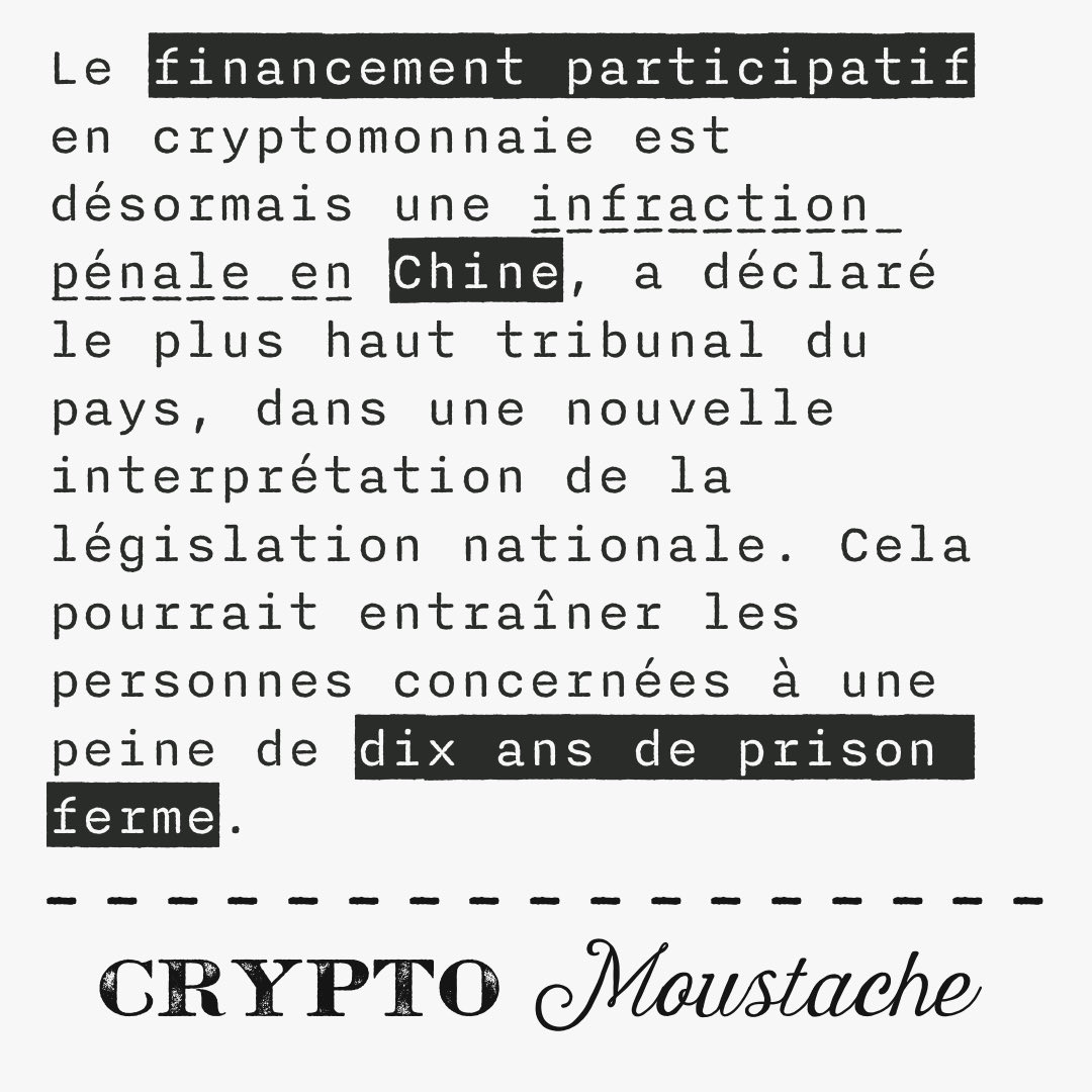 Lisez notre article sur cryptomoustache.fr !

#cryptomonnaie #cryptomonnaies #cryptomonnaiefrance #cryptomoustache #crypto #actualités #actualité
#magazine #blog #webzine #blockchain #chine #bitcoin #crowdfunding #dons #financement #gouvernement #chinois