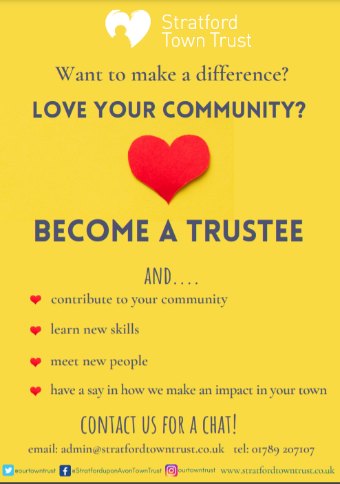 Stratford Town Trust is a grant making charity that gives out around £2 million each year to a wide range of local groups and charities. 

Being a trustee is rewarding,  you will be able share your skills and make a positive contribution.

admin@stratfordtowntrust.co.uk