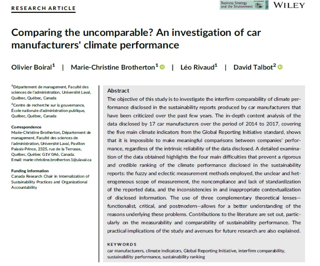 org_sust's tweet image. 🚘  Online publication of an article from the Chair on the #comparability of #environmental #performance of major #car manufacturers.
#FSAULaval #ENAP
buff.ly/3pggg2n