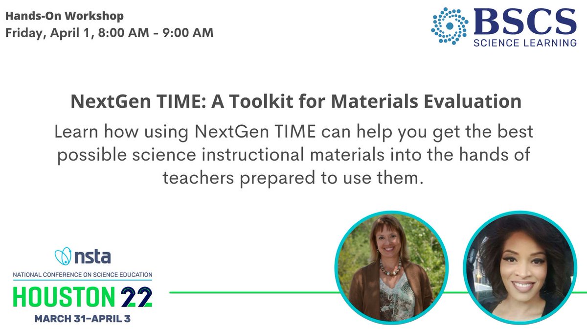 BSCSorg's tweet photo. Join @BSCSorg’s Jody Bintz and Jenine Cotton-Proby at #NSTA22 for their hands-on workshop, NextGen TIME: A Toolkit for Materials Evaluation. https://t.co/mxd41Kvrjw @JBintzBSCS @cheme_jcp @NSTA #NextGenTIME https://t.co/fzPVBaKpLm