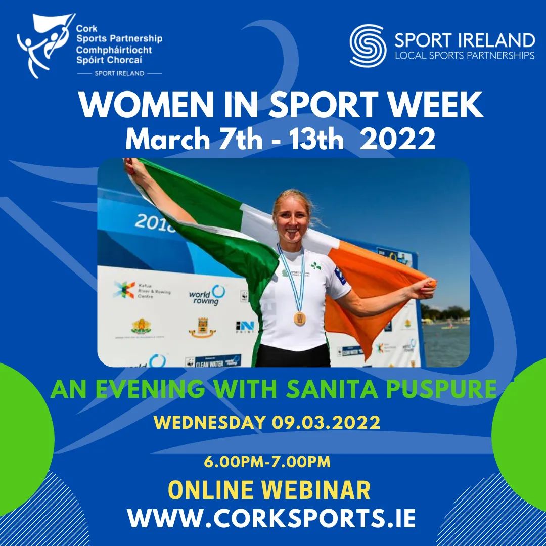 CorkSports's tweet photo. 💁An Evening with Sanita Purspure 🎉

@CorkSports are delighted to announce this webinar with Olympian @SanitaPuspure as part of Women in Sport Week 2022 ✨

Details:
📆 Wed Mar 9th
⏱ 6pm-7pm
📍Zoom
👉 https://t.co/qrgXOvPNkF

#ActiveCork #WomenInSportIRE #ActiveCorkCity https://t.co/0Jd0J986mm