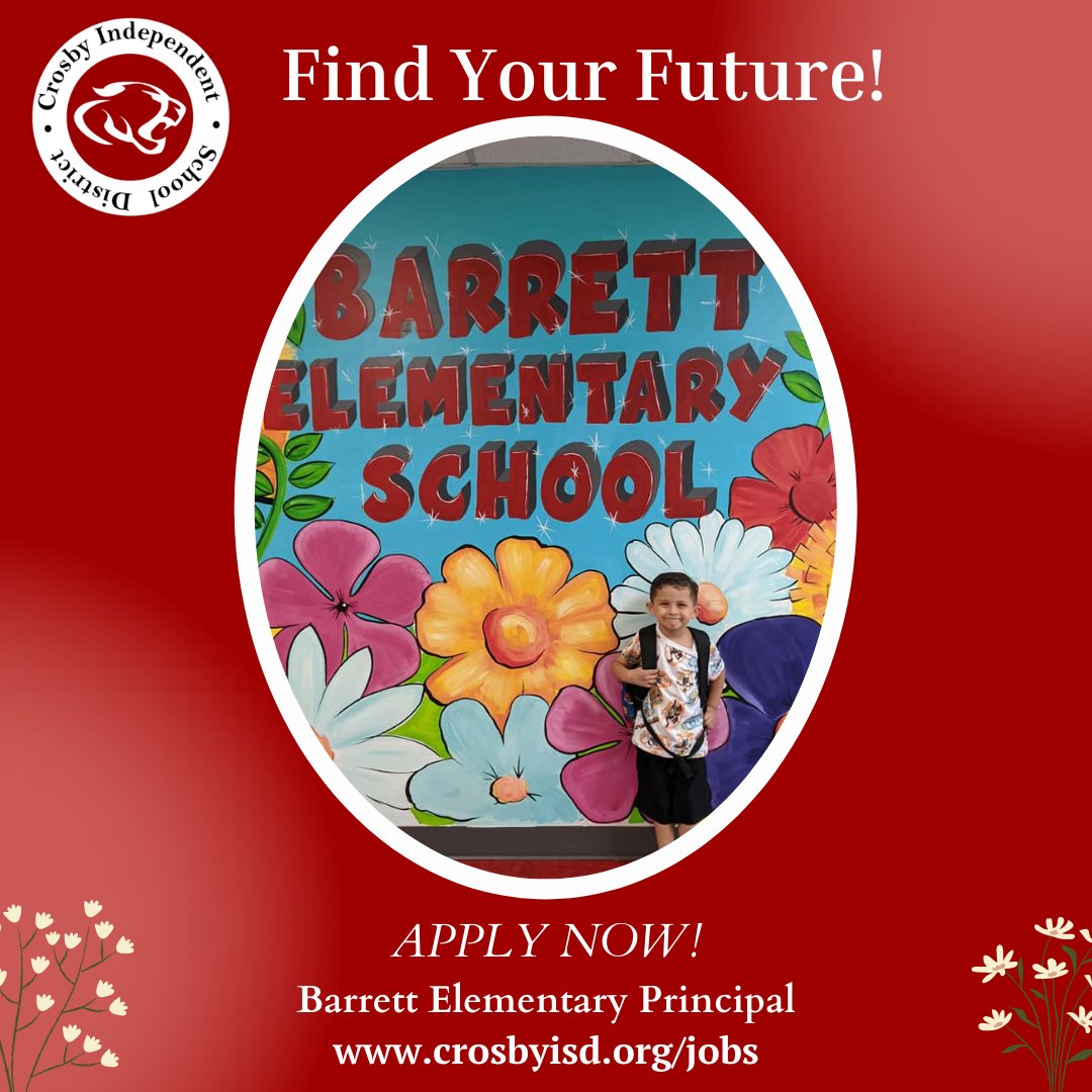 Find your future in @CrosbyISD! We are looking for a passionate leader who can be a champion for our students at @BarrettElemCISD! It takes someone special to be a Principal. Apply here👉🏾 crosbyisd.tedk12.com/hire/ViewJob.a… All job openings👉🏾 crosbyisd.org/jobs #thisisnow #jobs