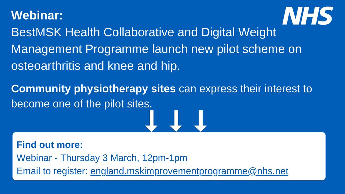 andypbennett79's tweet photo. Really excited to share this. 

@NHSEngland #BestMSKhealth are looking for Community #Physiotherapy sites across England to help pilot a digital weight management programme to support those with OA hip/knee. 

If interested please join the webinar to hear more 

👇👇👇👇👇👇👇 https://t.co/WKmOMmJvz6