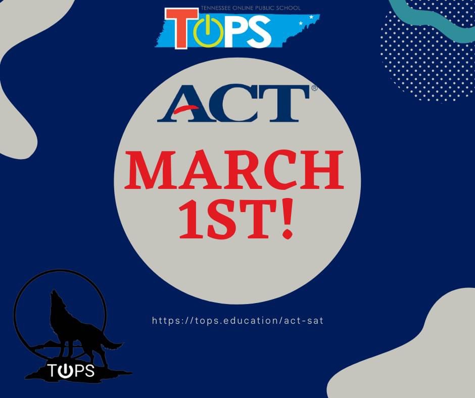 TOPS_Official's tweet photo. 🔔🗓👀Next week, all TOPS Juniors will take the ACT!  If you haven't received any communication on testing location, time, and materials to bring, please let us know!  Good luck to all of our juniors next week!  #gowolves #tntops #GoAndBeGreat 👍👊✏️💯 https://t.co/WIVXa6oDKn