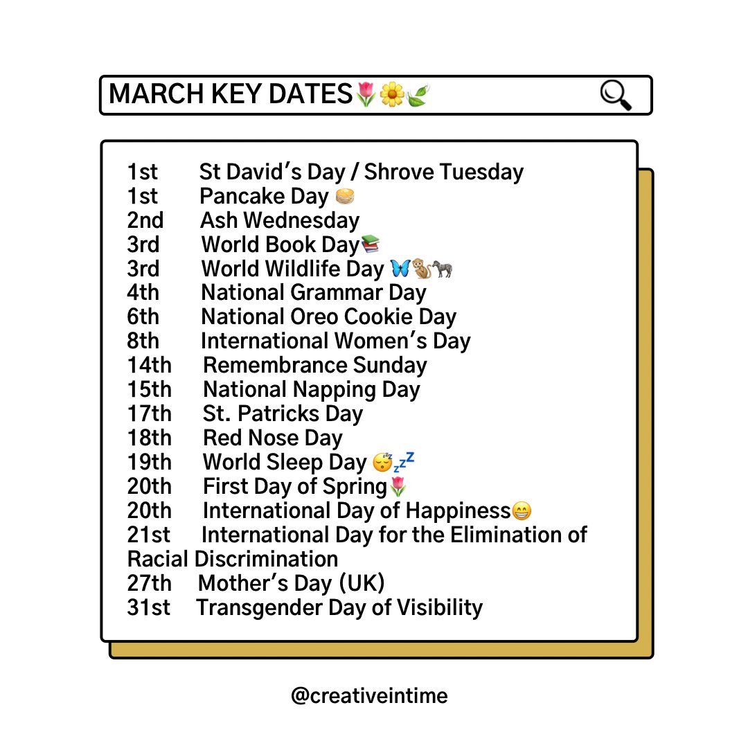 creativeintime's tweet photo. #Spring is nearly here, and so are your #March dates to pop into your diary! 🌷
⁠
March has some super fun #socialmedia key dates for your #contentcalendar and of course, the first day of Spring! 🌼 Grab a notepad, a pen, and jot down these dates for your content calendars. 🗓 https://t.co/XVH7BCxOQO