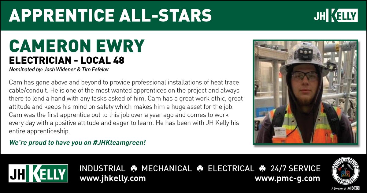 JHKelly1923's tweet photo. Join us in Celebrating recent Apprentice All-Star, Cameron Ewry, Electrician – Local 48! 🍀 We’re proud to have you on #JHKteamgreen! #ApprenticeAllStar #JHKelly #Since1923 #Electrician #Local48 https://t.co/Pd3Y1iKGqA