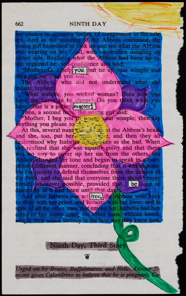 UNCLibrary's tweet image. The UNPRECEDENTED project is a public art project that uses Bocaccio’s Decameron as a way of illustrating the impact of the global pandemic had on people. 30 poems from this project, many made by UNC undergraduates, are currently on display at @WilsonLibUNC.