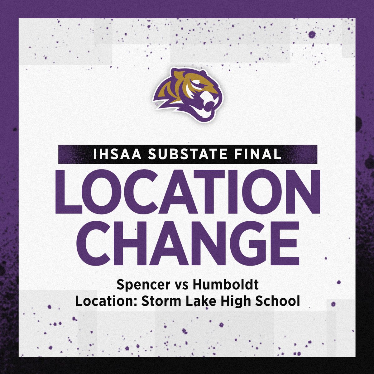 IMPORTANT UPDATE!

The location has changed for the IHSAA Substate Final on Monday, Feb. 28 for the <a href="/spencertigerbb/">Spencer Tiger BBall</a> game vs Humboldt! 

The game will now be played at Storm Lake High School. Please help spread the word, and lets pack the gym Monday at Storm Lake!

#TigerPride