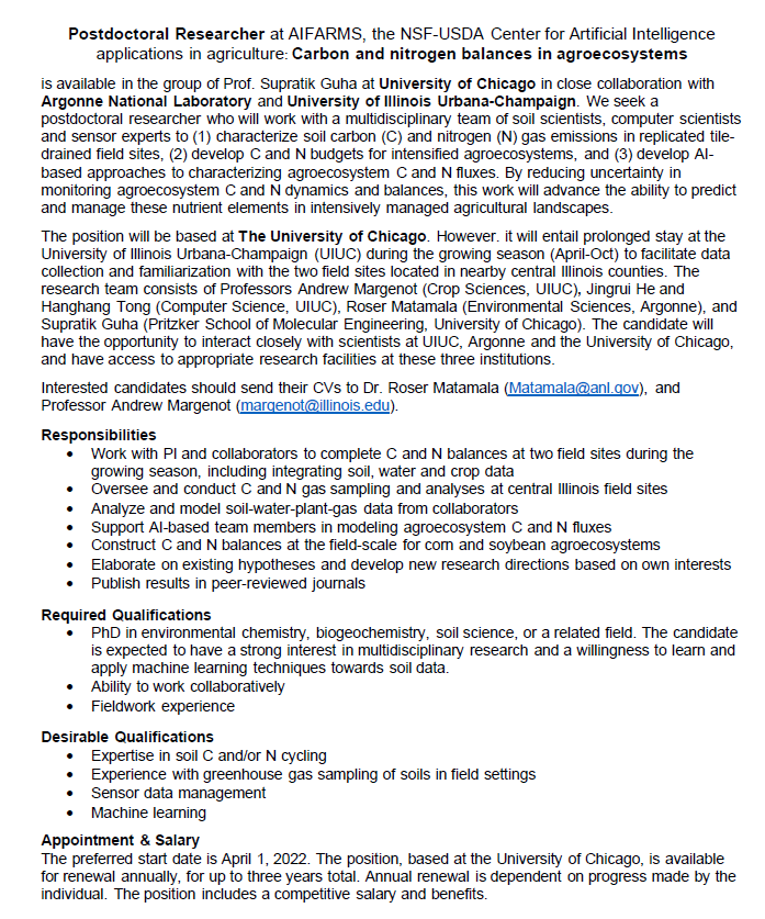 Andrew Margenot (@ajmargenot) on Twitter photo Postdoc opening at the NSF-USDA AIFARMS <a href="/DigitalAgUIUC/">Illinois Center for Digital Agriculture</a>: quantifying C and N fluxes and balances in tile-drained systems. Position through <a href="/UChicago/">The University of Chicago</a> with Prof. Guha in conjunction with <a href="/argonne/">Argonne National Lab</a> and hosted 9/12 months with our group at <a href="/Illinois_Alma/">University of Illinois</a> Postdoc opening at the NSF-USDA AIFARMS <a href="/DigitalAgUIUC/">Illinois Center for Digital Agriculture</a>: quantifying C and N fluxes and balances in tile-drained systems. Position through <a href="/UChicago/">The University of Chicago</a> with Prof. Guha in conjunction with <a href="/argonne/">Argonne National Lab</a> and hosted 9/12 months with our group at <a href="/Illinois_Alma/">University of Illinois</a>