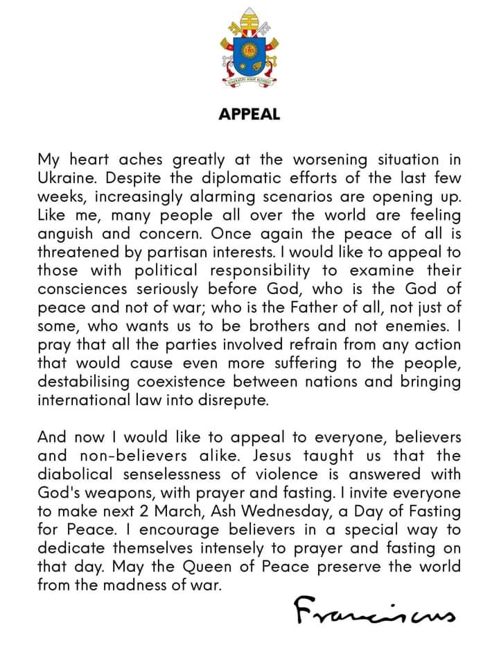 DocOnSkis's tweet photo. So... the Pope says that if we all starve ourselves on Wednesday, an imaginary mythical guy's imaginary Mum will stop Putin being a fascist, murdering piece of shit... 🤔
Sounds like a solid argument to me.
#YouCouldNotMakeThisStuffUp
#religiots #Ukraine #vatican https://t.co/uY7HDCKp9d