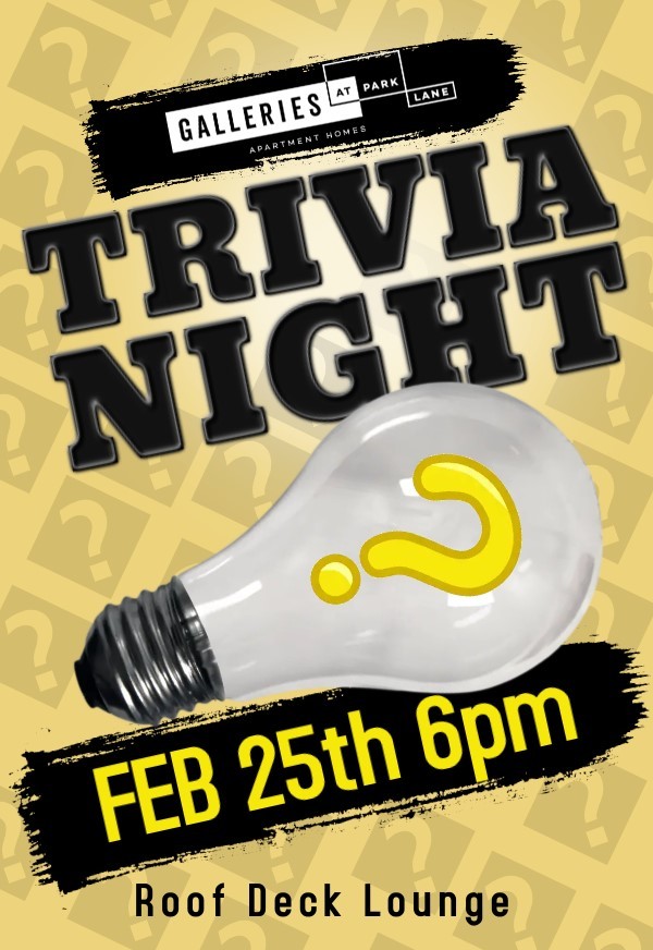 GalleriesParkLn's tweet photo. Be sure to join us tonight at 6:30pm in the Roof Deck Lounge for Trivia Night as you will fight for the Brew Crew Trophy once again! 🏆 Of course there will be food, drinks, and a lot of fun! Don't miss out on one of our favorite events of the month!!!

#galleriesatparklane... https://t.co/2H7W36sIxM