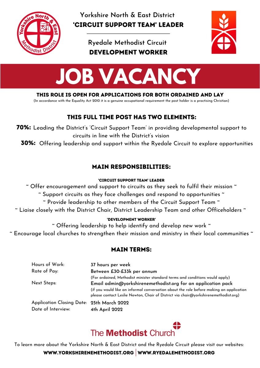 We're recruiting to a key role in <a href="/YNEMethodists/">Yorkshire NE Methodist District</a>  - as our 'Circuit Support Team' Leader (with 30% of the role focussed in Development Work in the Ryedale Circuit.)  A great role for the right person!