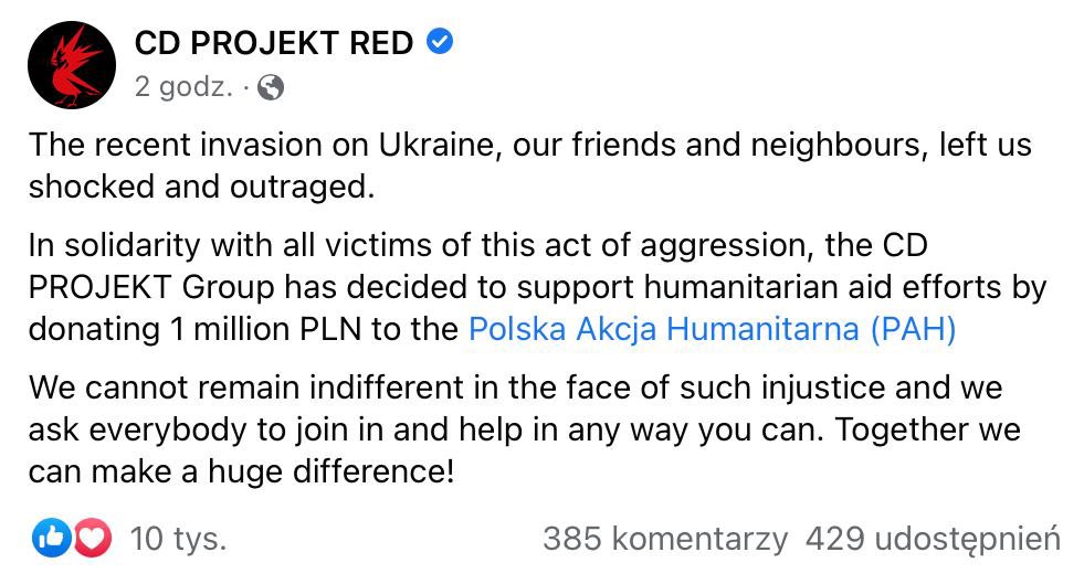 nexta_tv's tweet image. #Polish computer game developers CD Project Red, who created the cult game «The Witcher 3», donated 1 million zlotys to a humanitarian fund to help #Ukraine.