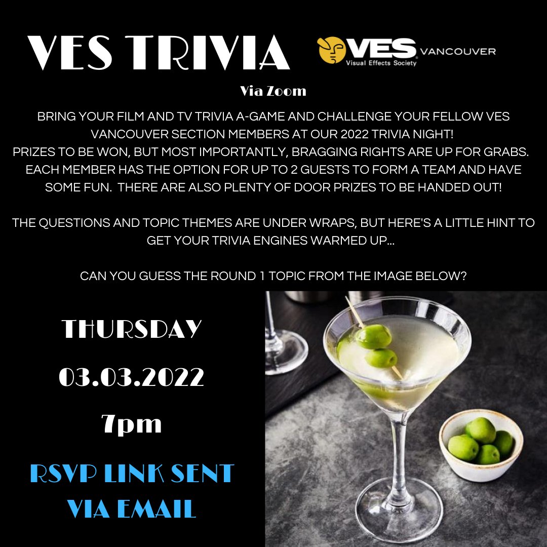 The  2022 #VESVancouver #Trivia night (via #Zoom) will be all about fun #Film and #TV questions, comradery with your fellow #VES members, and best of all, #prizes! Thursday, March 3rd at 7pm. 

Check your e-mail for the RSVP info or contact us.