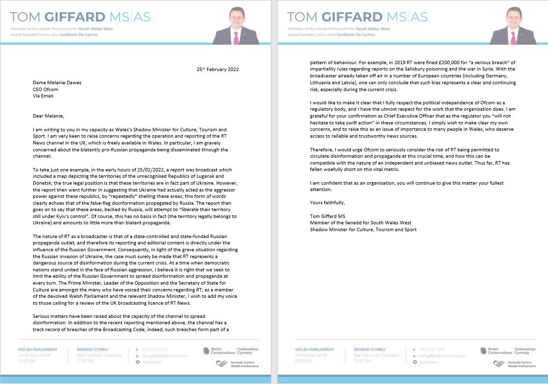 As the <a href="/WelshConserv/">Welsh Conservatives 🏴󠁧󠁢󠁷󠁬󠁳󠁿</a> Shadow Minister for Culture, I’ve written to <a href="/Ofcom/">Ofcom</a> asking them to remove broadcasting licence the Kremlin-funded Russia Today news channel.

RT isn’t objective, it just spins Putin’s false narrative on his war, and needs to be taken off our TV screens.