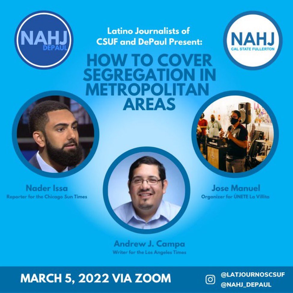 We’re proud to announce our collab with <a href="/latjournoscsuf/">Latino Journalists of CSUF</a> ‼️

We will discuss how to report on education, food deserts &amp; affordable housing in #Chicago &amp; #LosAngeles with <a href="/NaderDIssa/">Nader Issa</a>, <a href="/campadrenews/">Andrew J. Campa</a>, and José Manuel. #MoreLatinosInNews 

RSVP below 👇