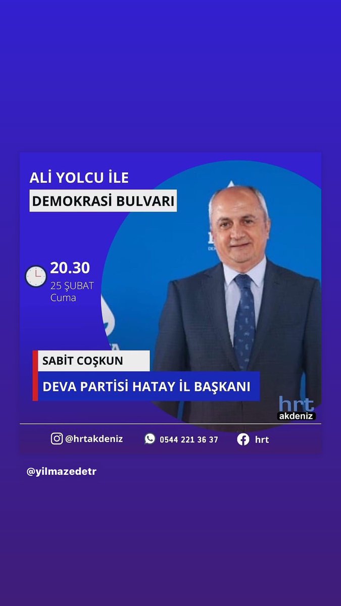 hatayadeva's tweet photo. İl başkanımız @coskunsabit Bu akşam 20:30 demokrasi bulvarında.

#alibabacan #devapartisi #sabitcoskun https://t.co/utYSfOG0ym