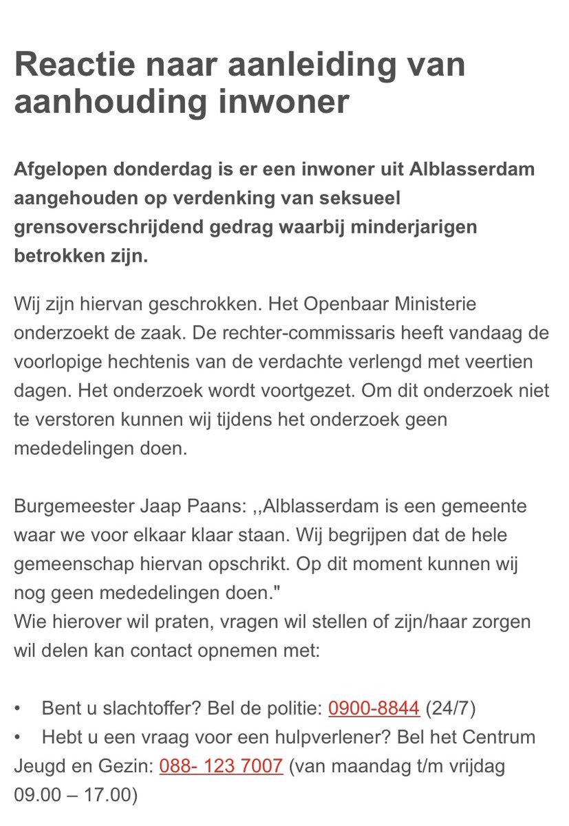 Samen met de leden van college en raad leef ik mee met alle betrokkenen bij deze zaak. Met dit ⬇️ bericht geven we ook blijk van onze betrokkenheid en verwijzen we naar belangrijke telefoonnummers! Samen met de wijkagenten, Woonkracht10 en CJG staan we gereed en zijn we nabij.