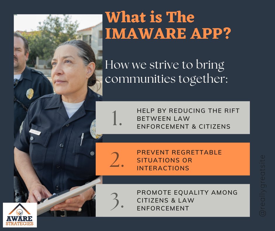 The IMAware app is designed to encourage trust among law enforcement and citizens. Each interaction, is recorded. If needed, our trained experts called “Safety Consultants” are trained in situation de-escalation for any interaction you need them for.
#community #Citizens #police